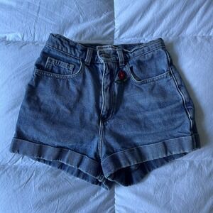 American Apparel High Waisted Denim Shorts Cuffed Embroidered Patches Size 25